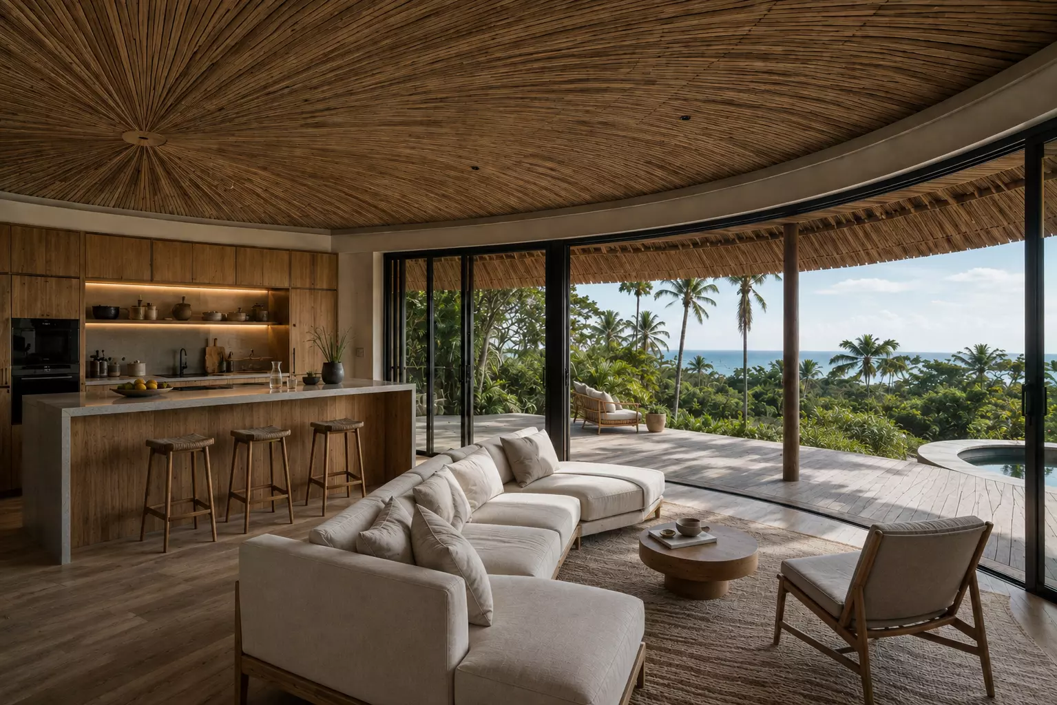 Sala y cocina bajo un techo de palma, abiertas por ventanales hacia la terraza, la vegetación y el mar.