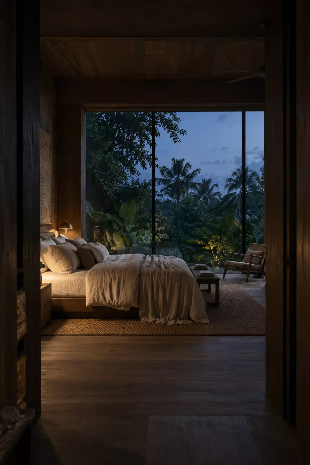 Habitación en madera con la luz cálida encendida y una ventana abierta hacia la vegetación al anochecer.